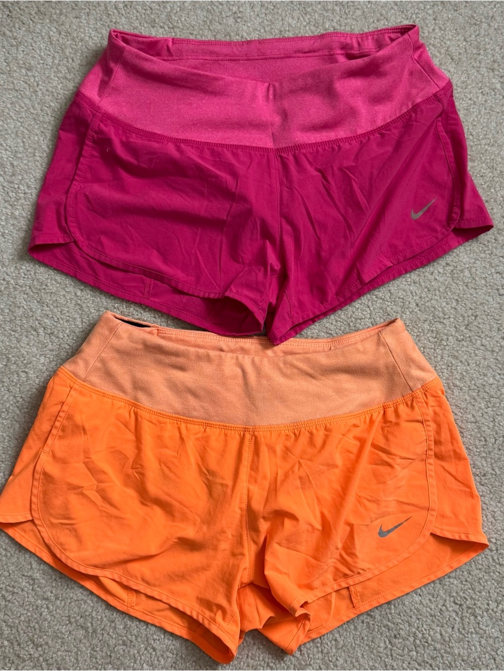 (2) Nike Women's Dri-FIT crew Running Shorts - Pink & Orange